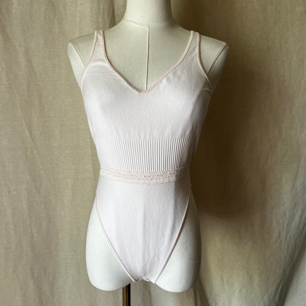 Christian Dior Vintage Pink High Cut Teddy Bodysuit Lace Trim USA S